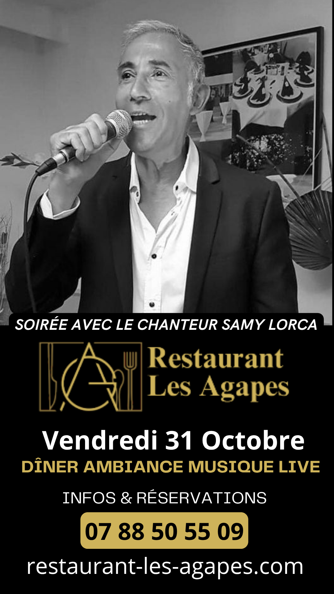 LES AGAPES CHANTEUR Soirée Halloween 2025 31/10 Musique chanteur repas de fête restaurant ambiance live music classique année 80 chanson française variété internationale